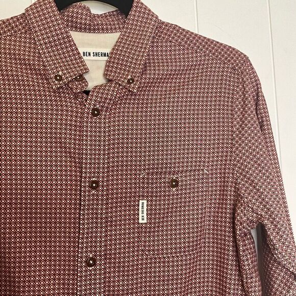 Ben Sherman Men’s Small Red Black Geometric Print Long Sleeve Button Down Shirt - Picture 2 of 13